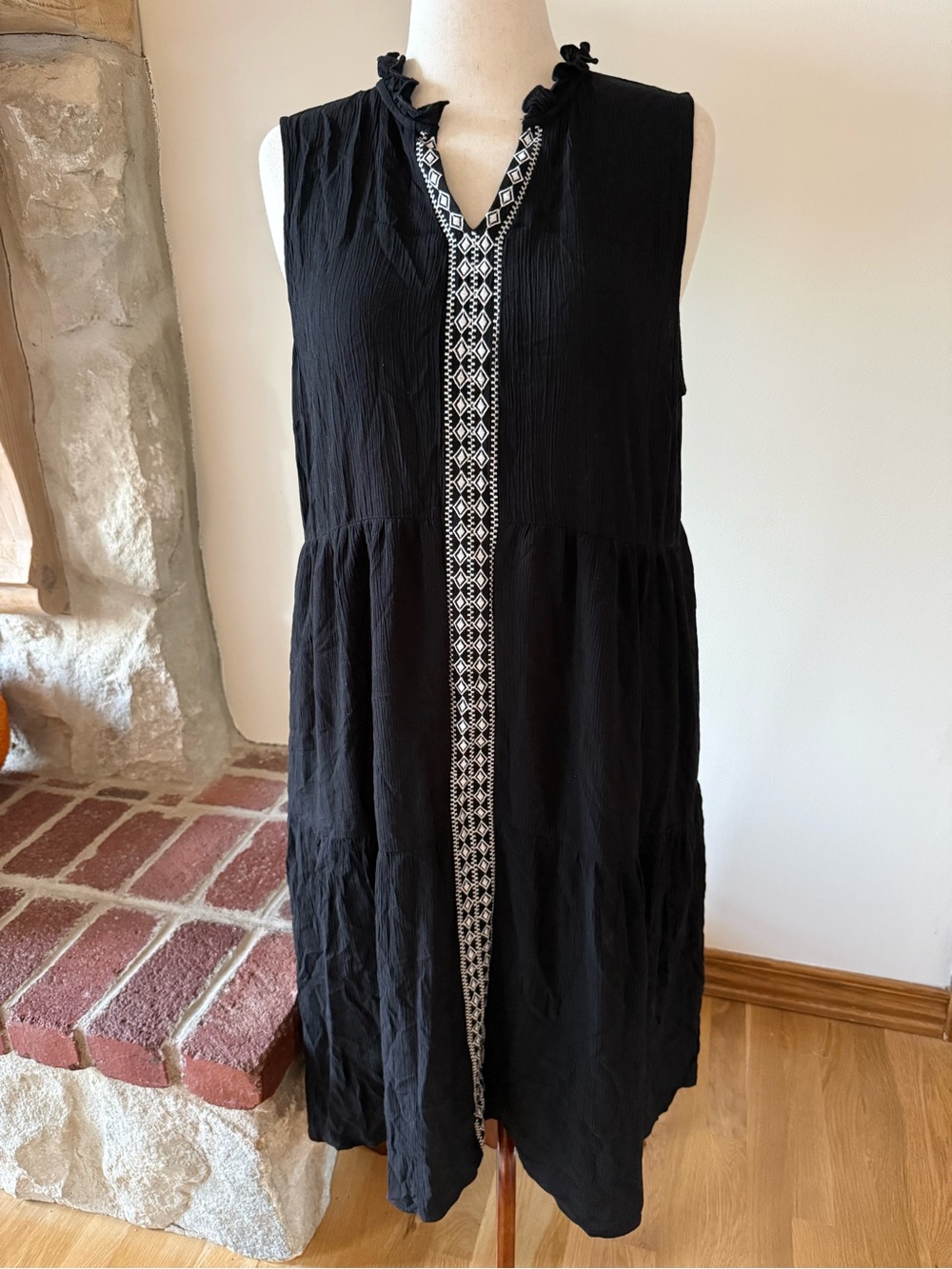 Christopher & Banks Tiered Black Midi Dress with White Embroidered Trim